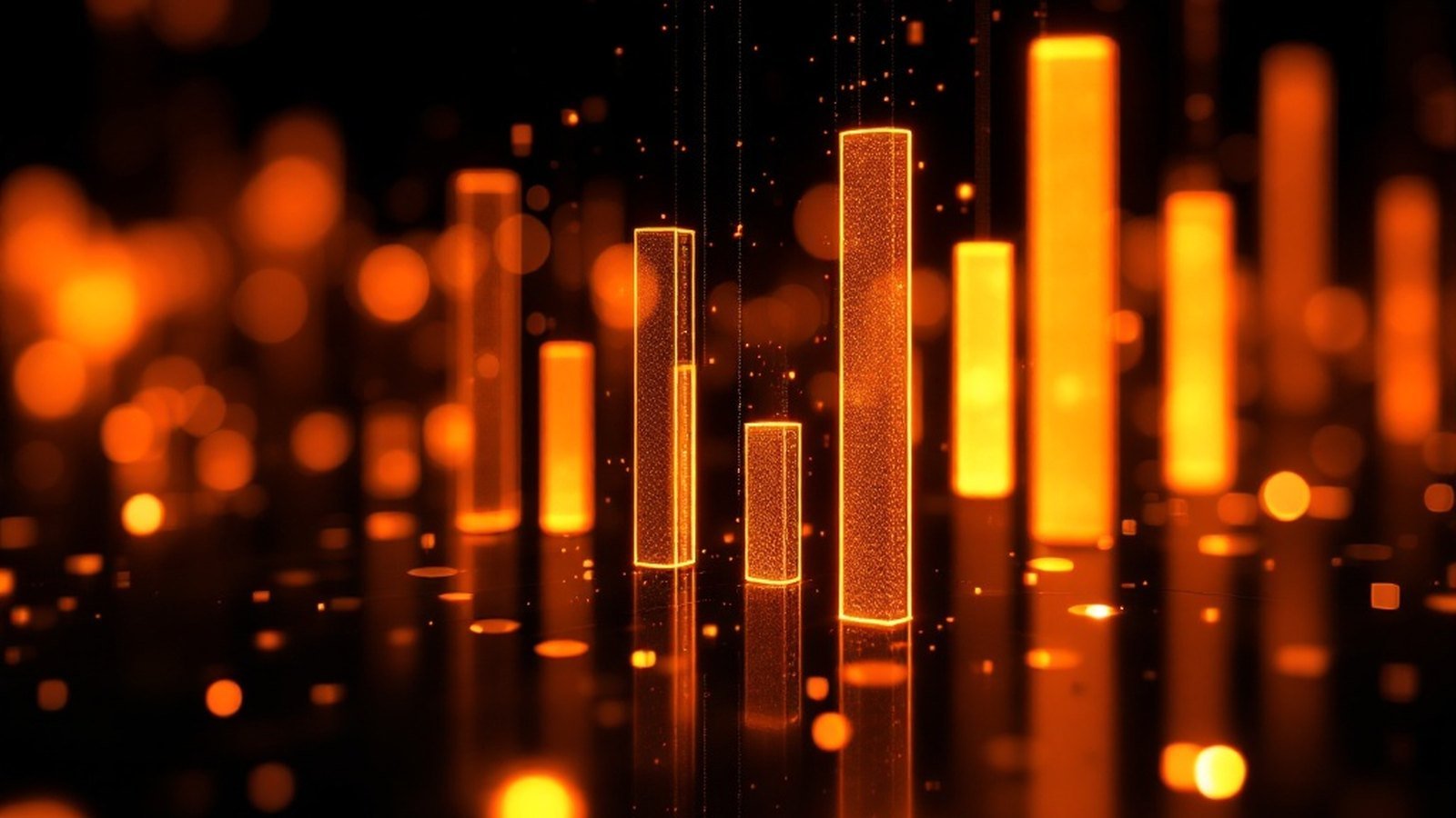 Abstract amber glowing vertical bars of varying height on a dark background with soft bokeh