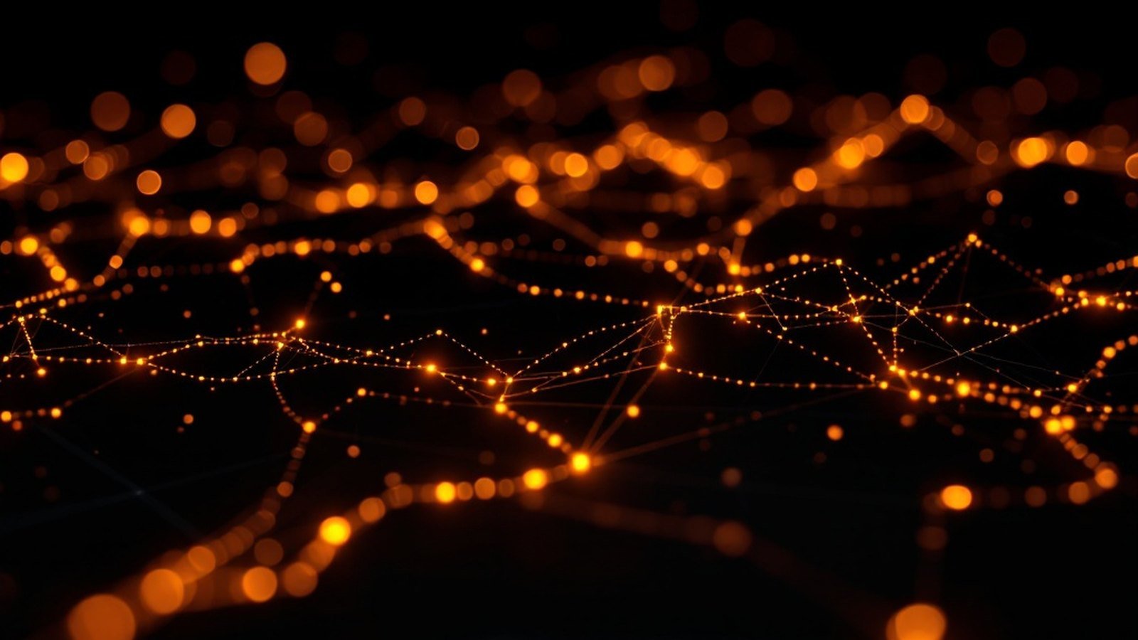 Abstract amber-on-black visualisation of DNS lookups as points of light along branching paths on a dark grid
