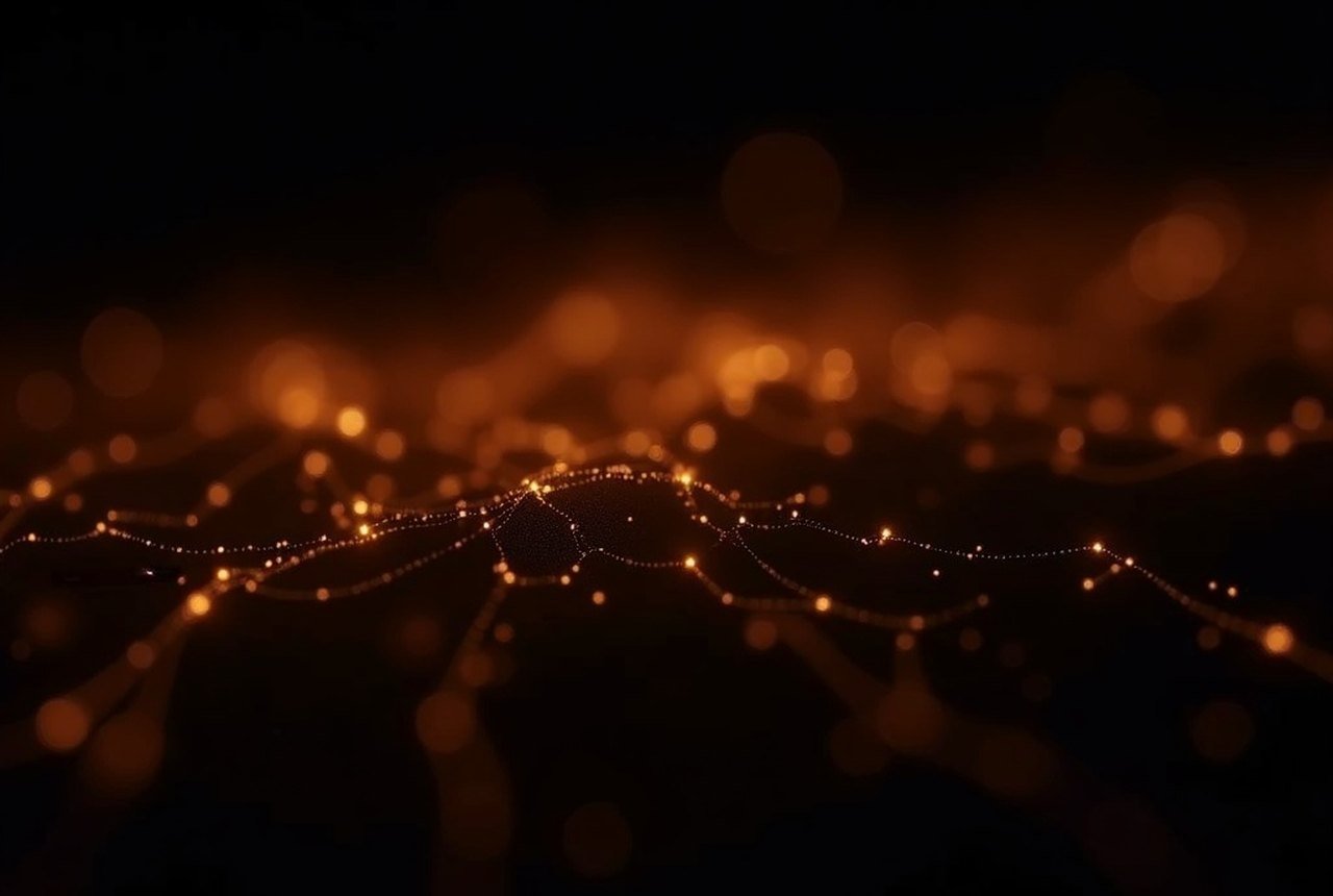 Abstract amber-on-black field of scattered points of light connected by faint lines