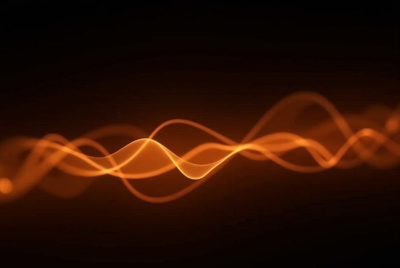 Abstract amber-on-black scene of a flowing stream of light envelopes beside a stack of light sheets