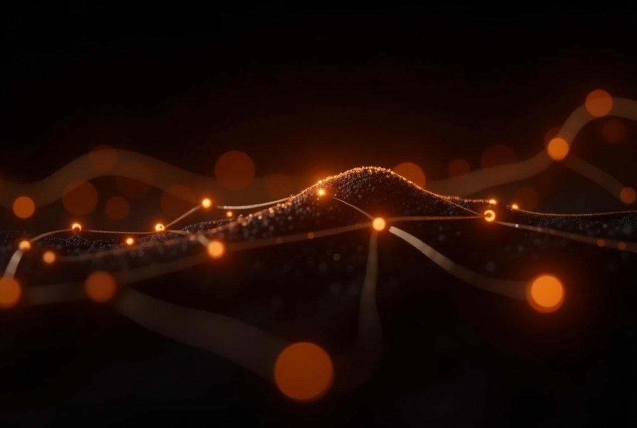 Abstract amber grid of glowing cells of varying intensity on a near-black background