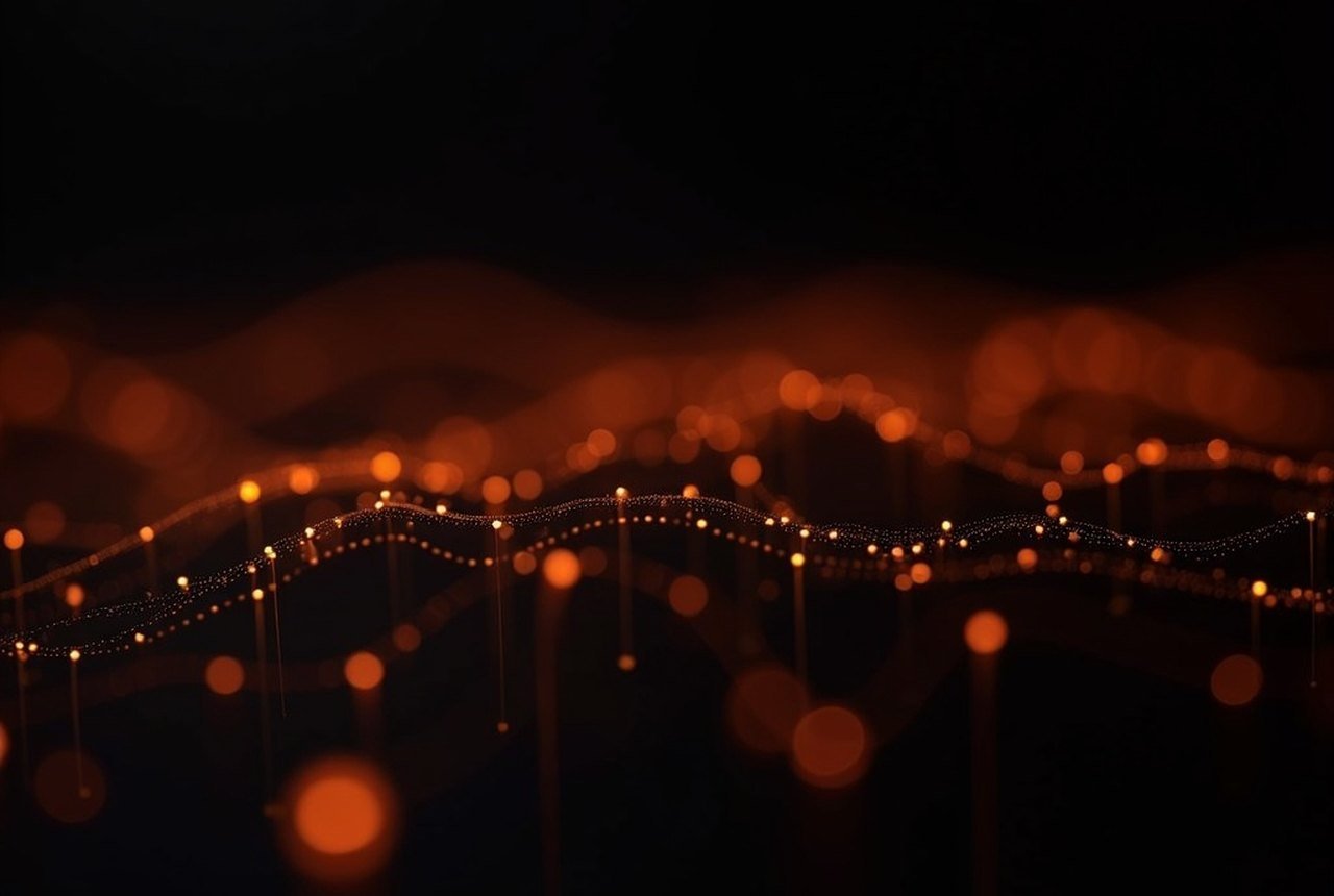 Abstract amber visualisation of resolved domains per device on a dark background