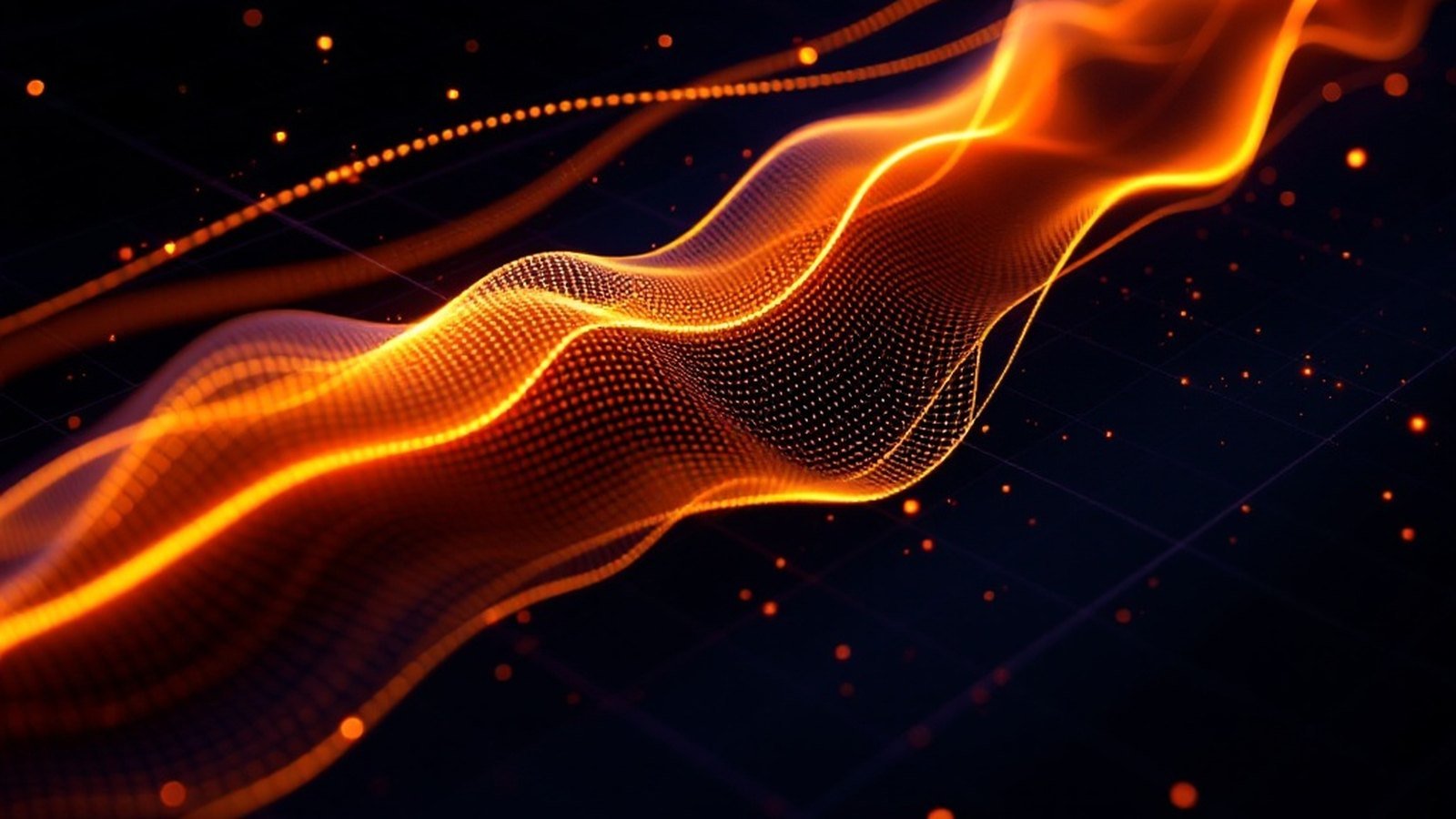 Abstract amber-on-black image of four parallel light streams of varying widths flowing over a dark grid