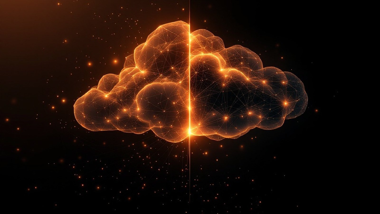 Abstract amber split composition of a grounded node cluster and a soft luminous cloud connected by flow lines