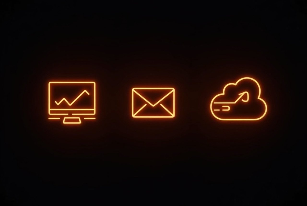 Side-by-side icon/logo trio representing internet, mail, and print