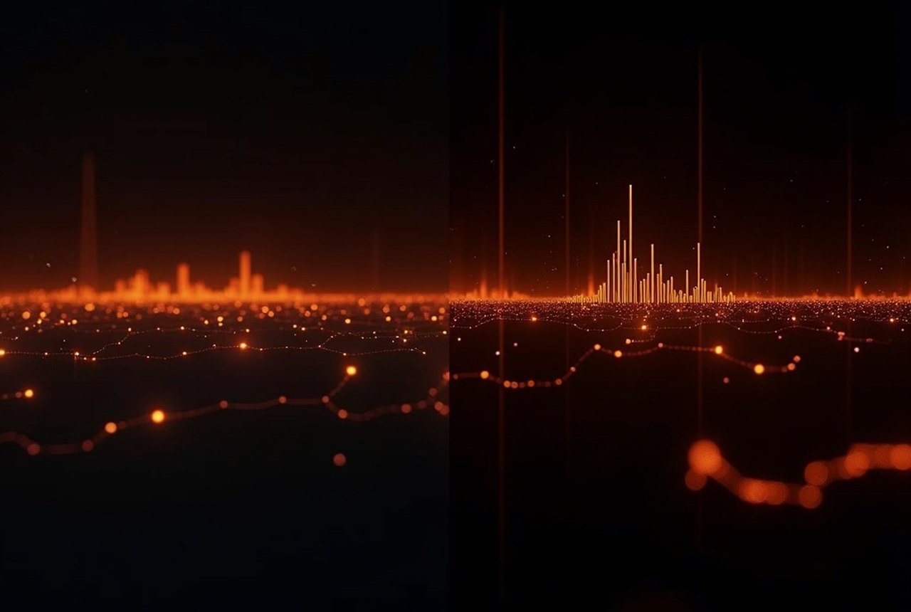 Split image comparing an old proxy-log text file to a modern flow and DNS dashboard